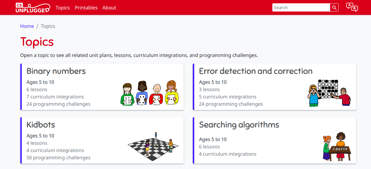 Captura de pantalla del sítio del proyecto Computer Science Unplugged (Reproducción).